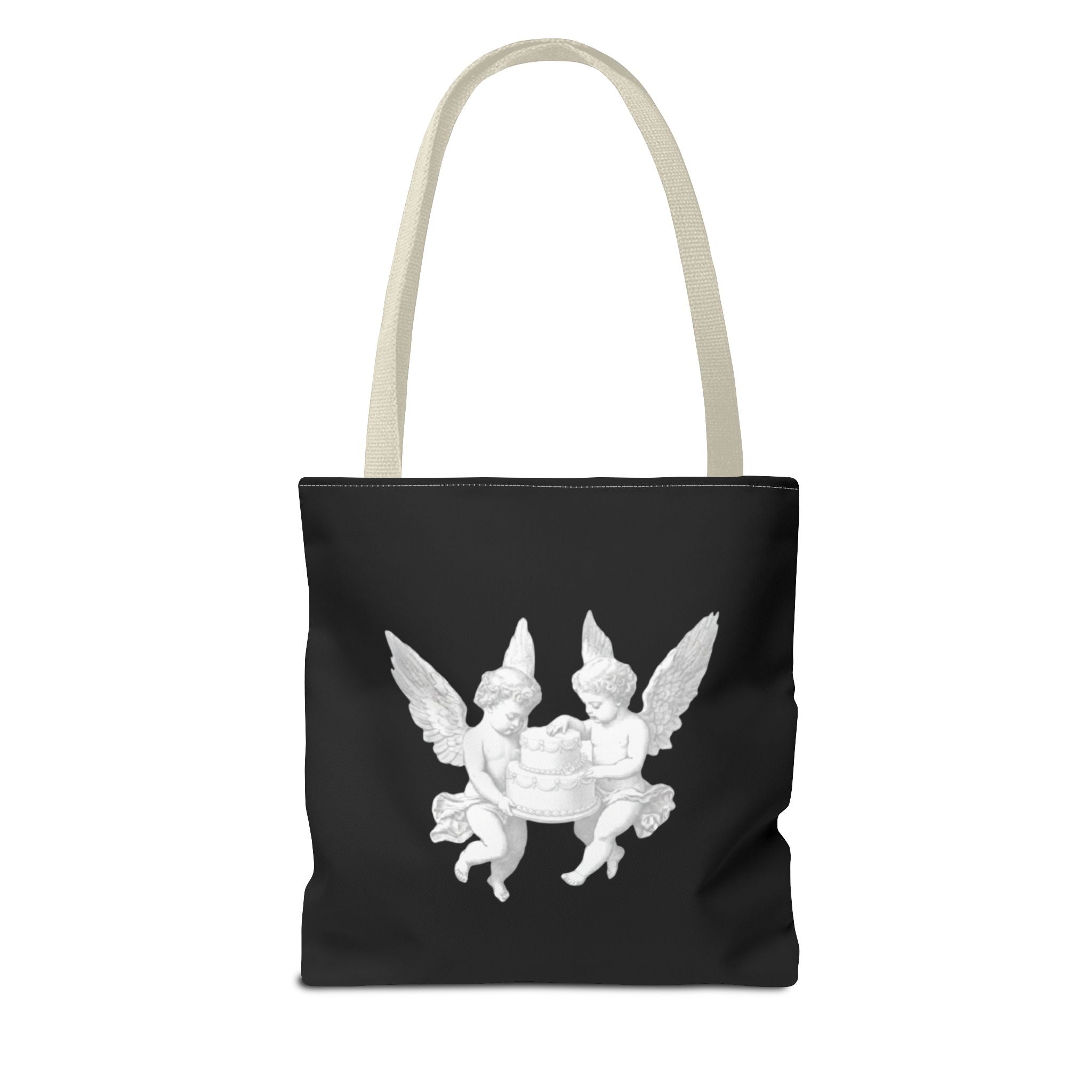 Angel Cherub Tote Bag — Vintage White Cherubs on Black All-Over Print Tote
