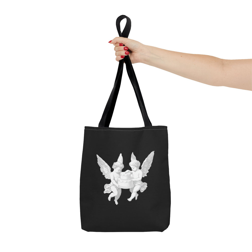 Angel Cherub Tote Bag — Vintage White Cherubs on Black All-Over Print Tote