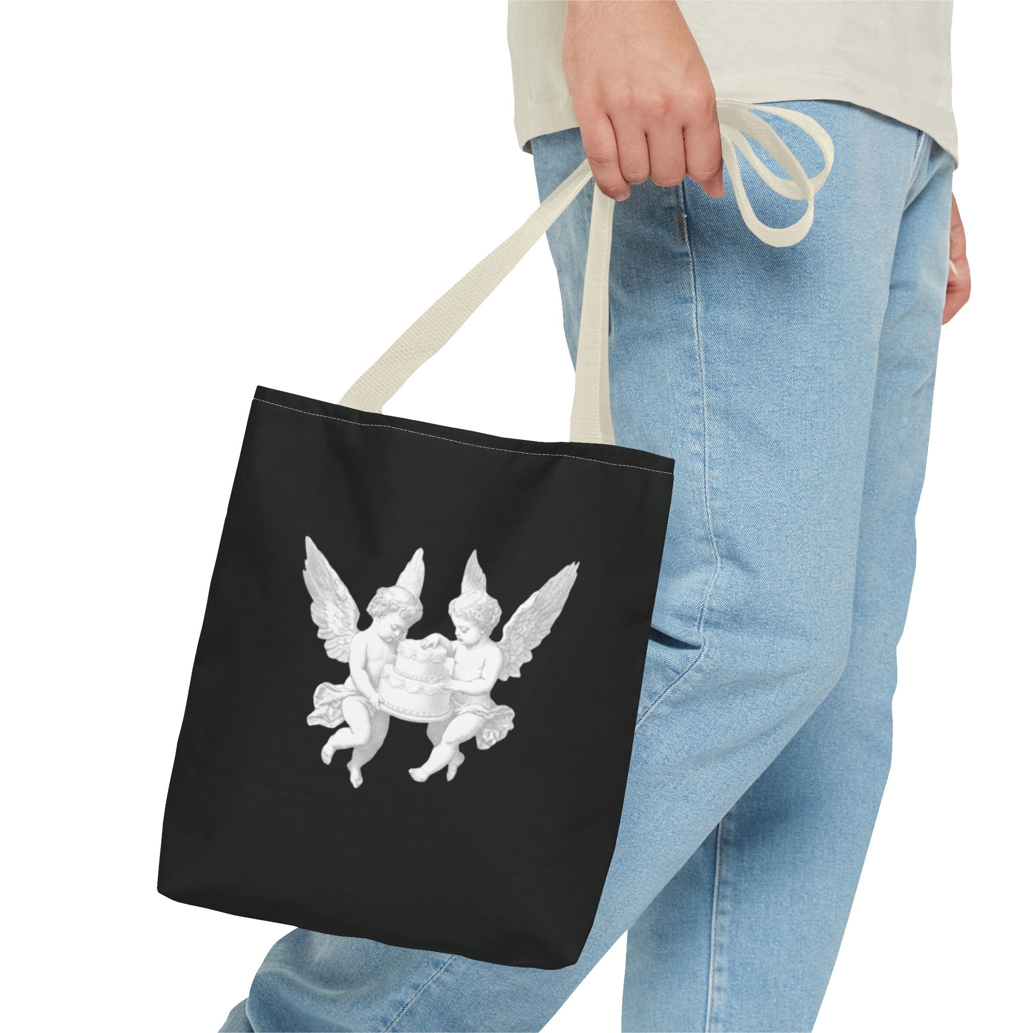 Angel Cherub Tote Bag — Vintage White Cherubs on Black All-Over Print Tote