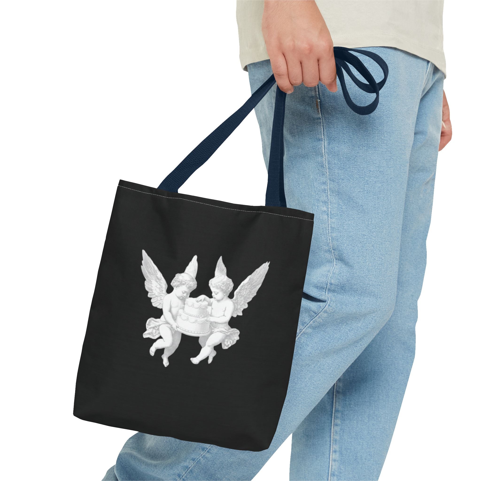Angel Cherub Tote Bag — Vintage White Cherubs on Black All-Over Print Tote