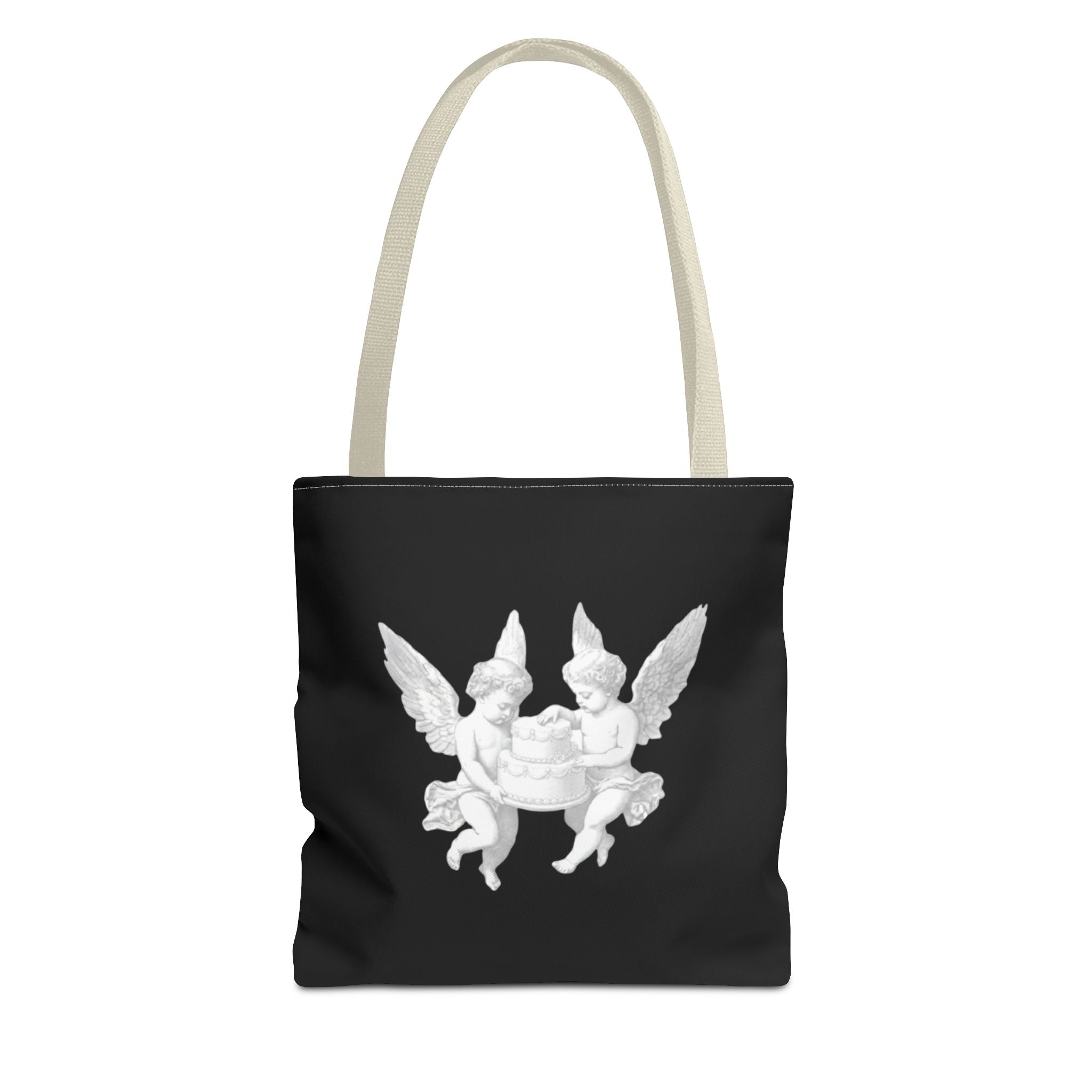 Angel Cherub Tote Bag — Vintage White Cherubs on Black All-Over Print Tote
