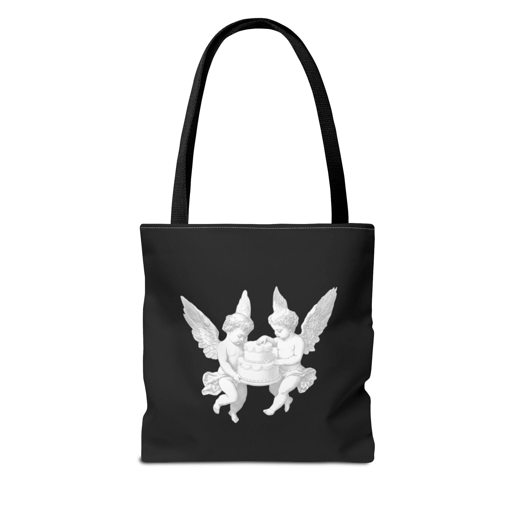 Angel Cherub Tote Bag — Vintage White Cherubs on Black All-Over Print Tote