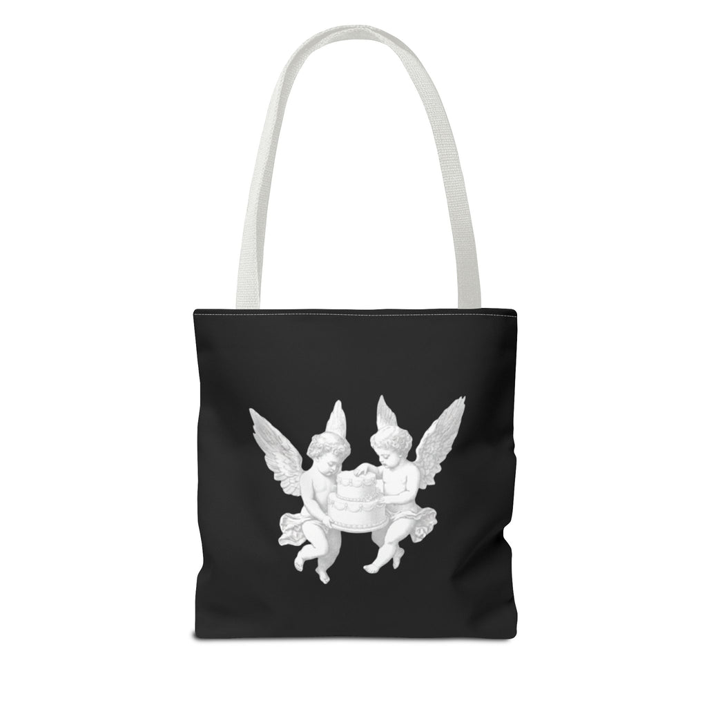 Angel Cherub Tote Bag — Vintage White Cherubs on Black All-Over Print Tote