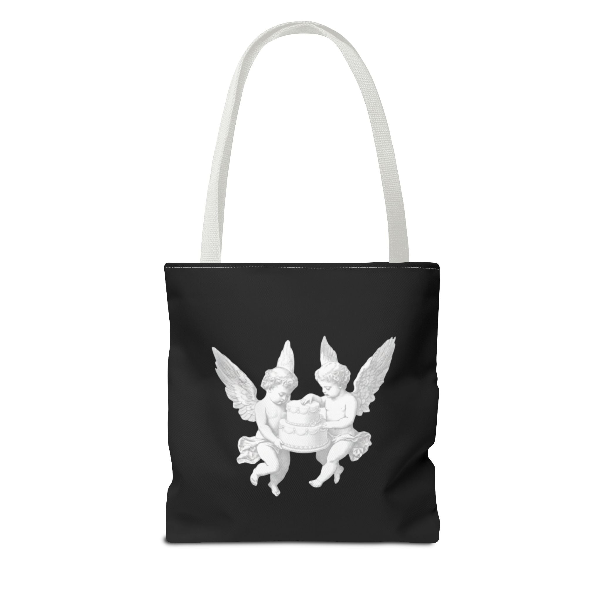 Angel Cherub Tote Bag — Vintage White Cherubs on Black All-Over Print Tote