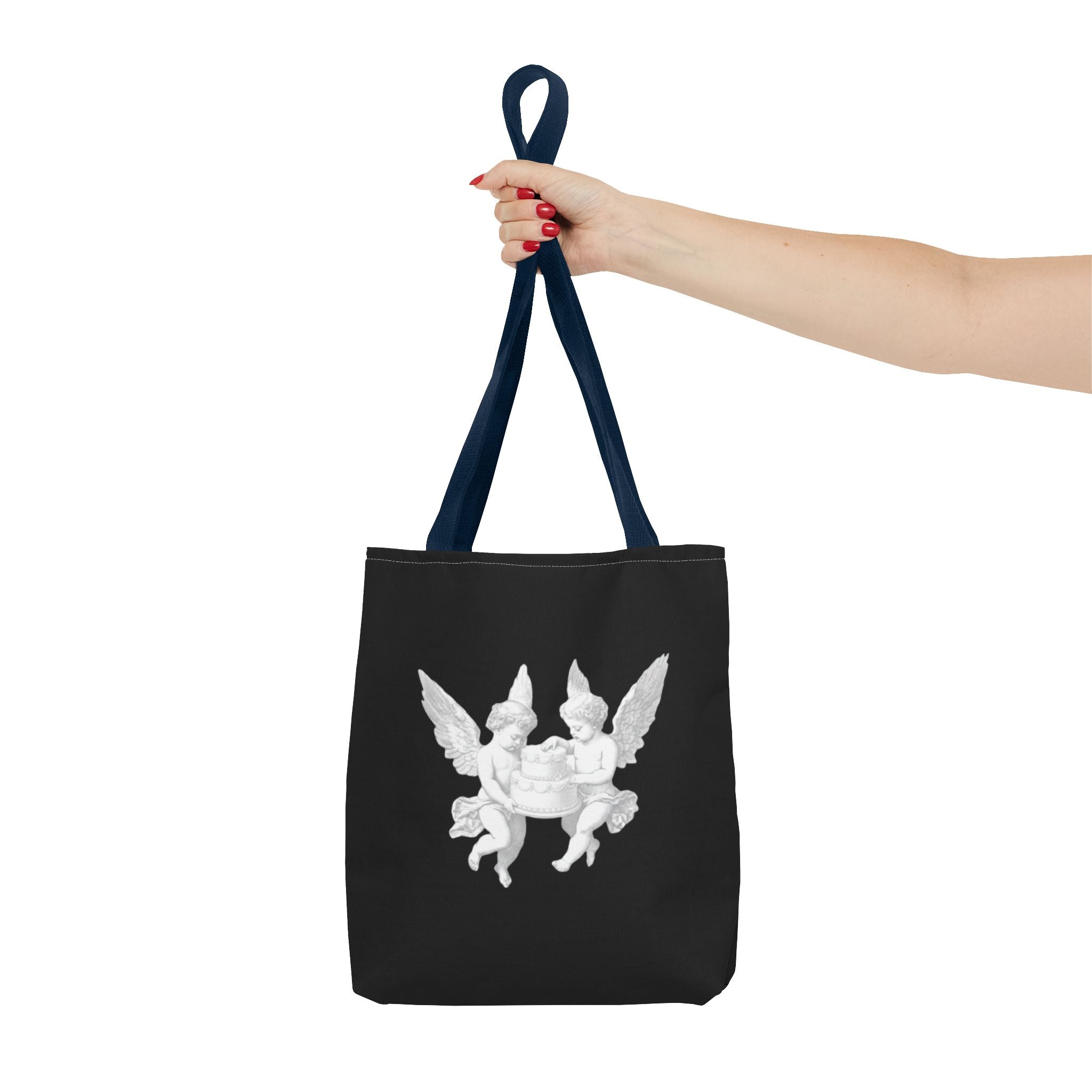 Angel Cherub Tote Bag — Vintage White Cherubs on Black All-Over Print Tote