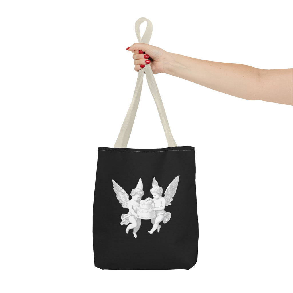 Angel Cherub Tote Bag — Vintage White Cherubs on Black All-Over Print Tote