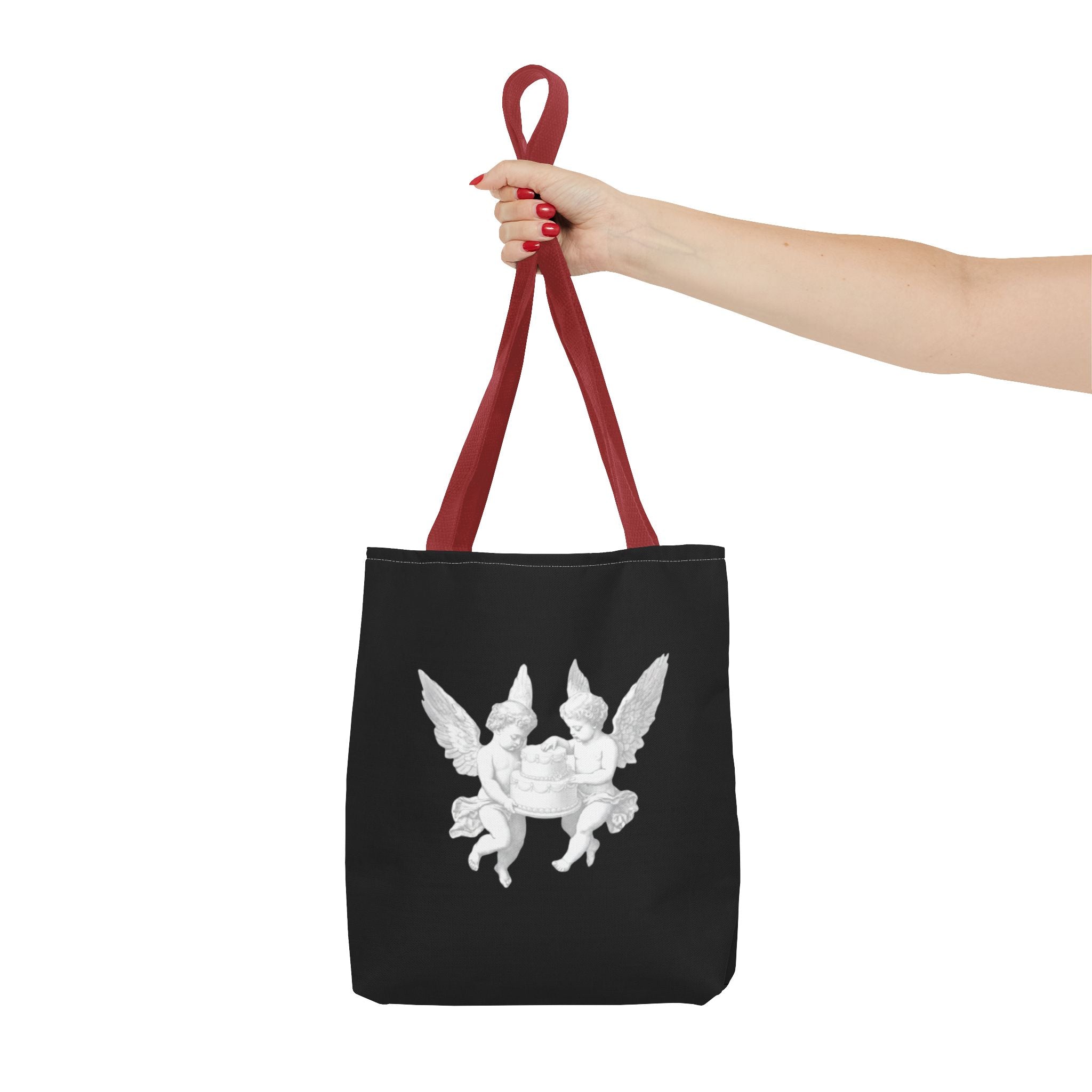 Angel Cherub Tote Bag — Vintage White Cherubs on Black All-Over Print Tote