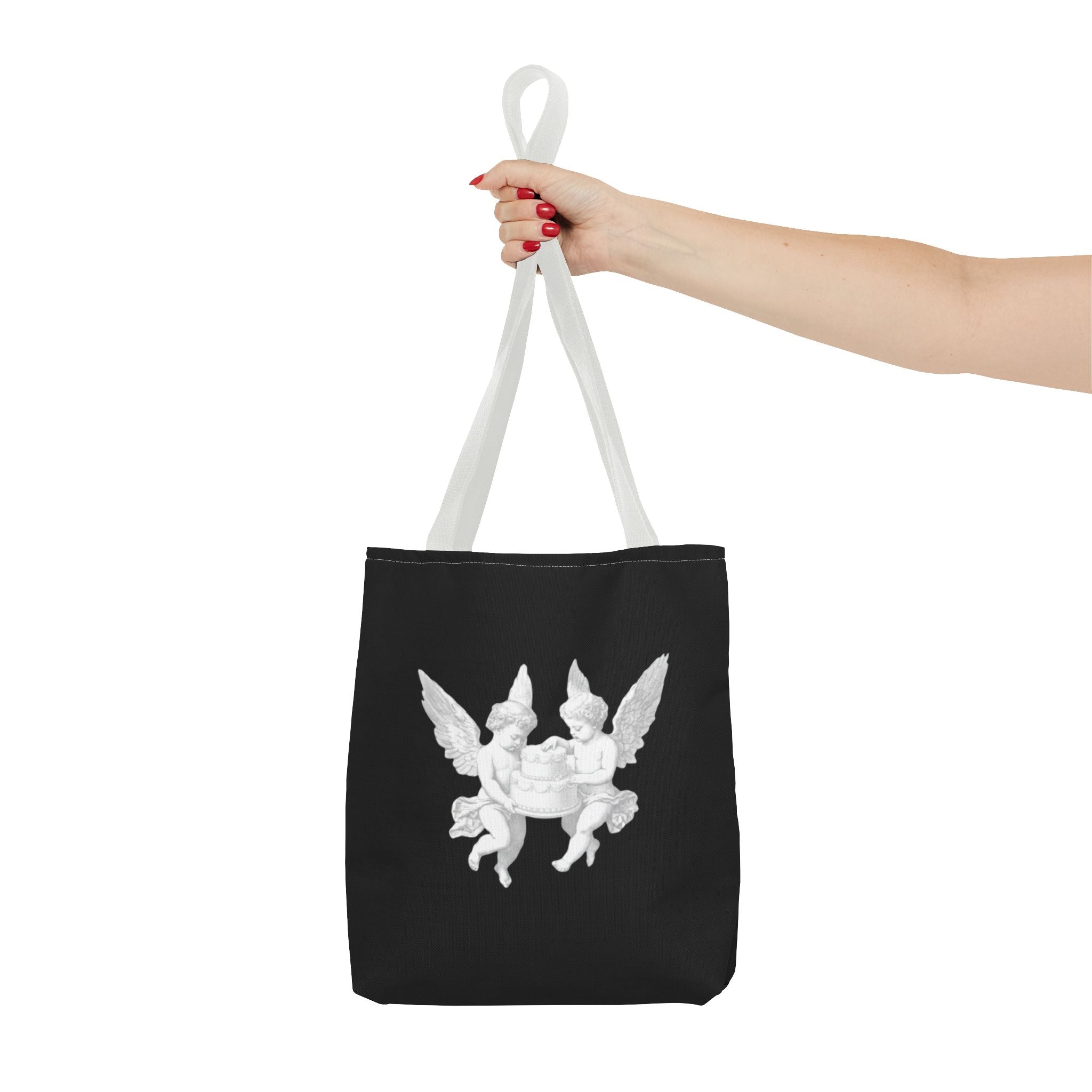 Angel Cherub Tote Bag — Vintage White Cherubs on Black All-Over Print Tote