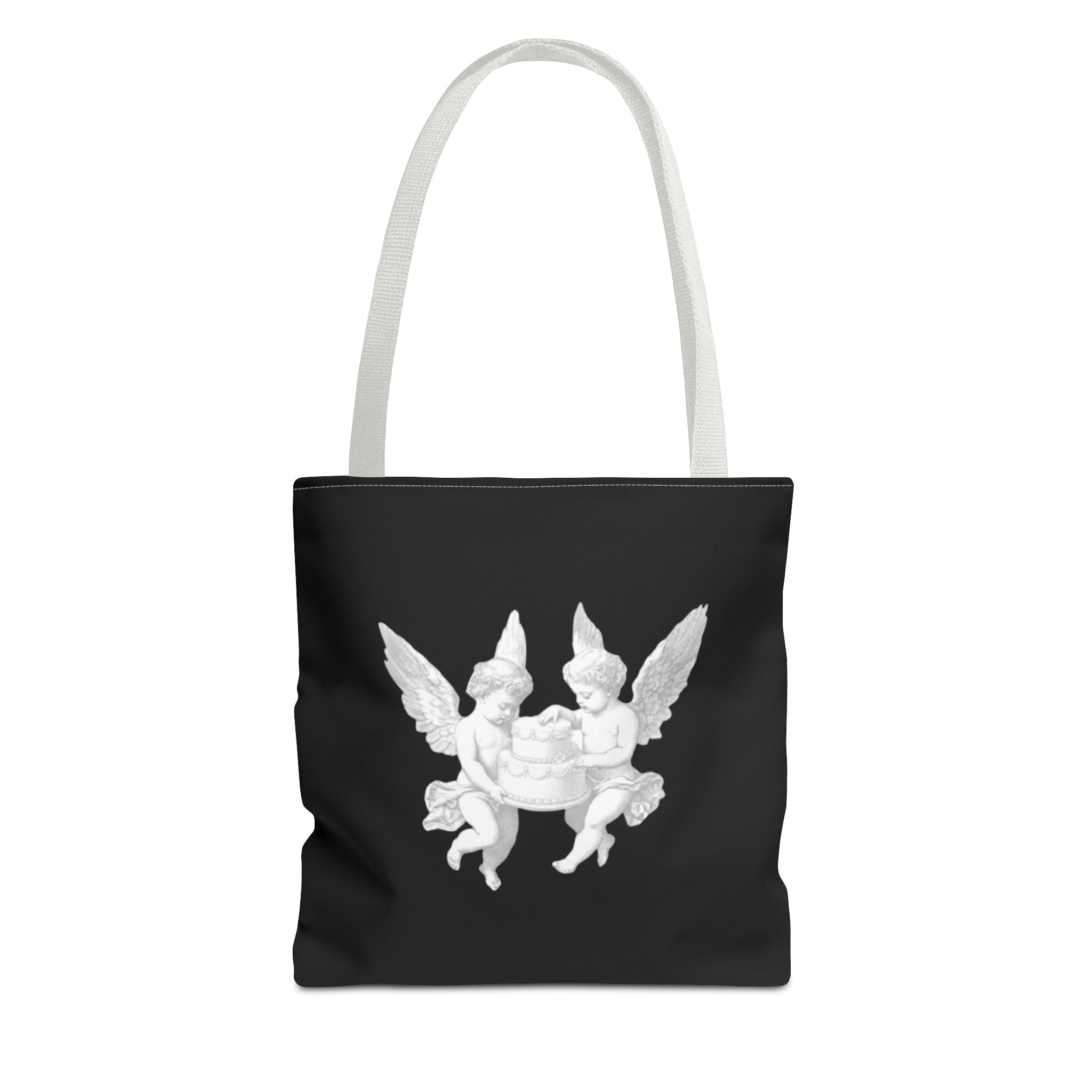 Angel Cherub Tote Bag — Vintage White Cherubs on Black All-Over Print Tote