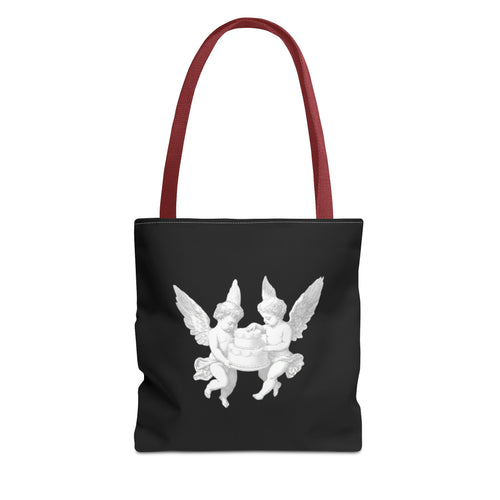 Angel Cherub Tote Bag — Vintage White Cherubs on Black All-Over Print Tote