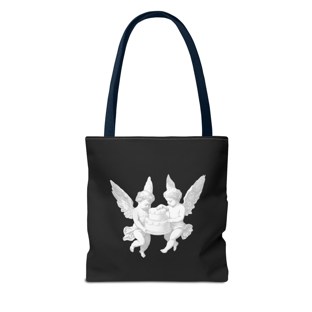 Angel Cherub Tote Bag — Vintage White Cherubs on Black All-Over Print Tote
