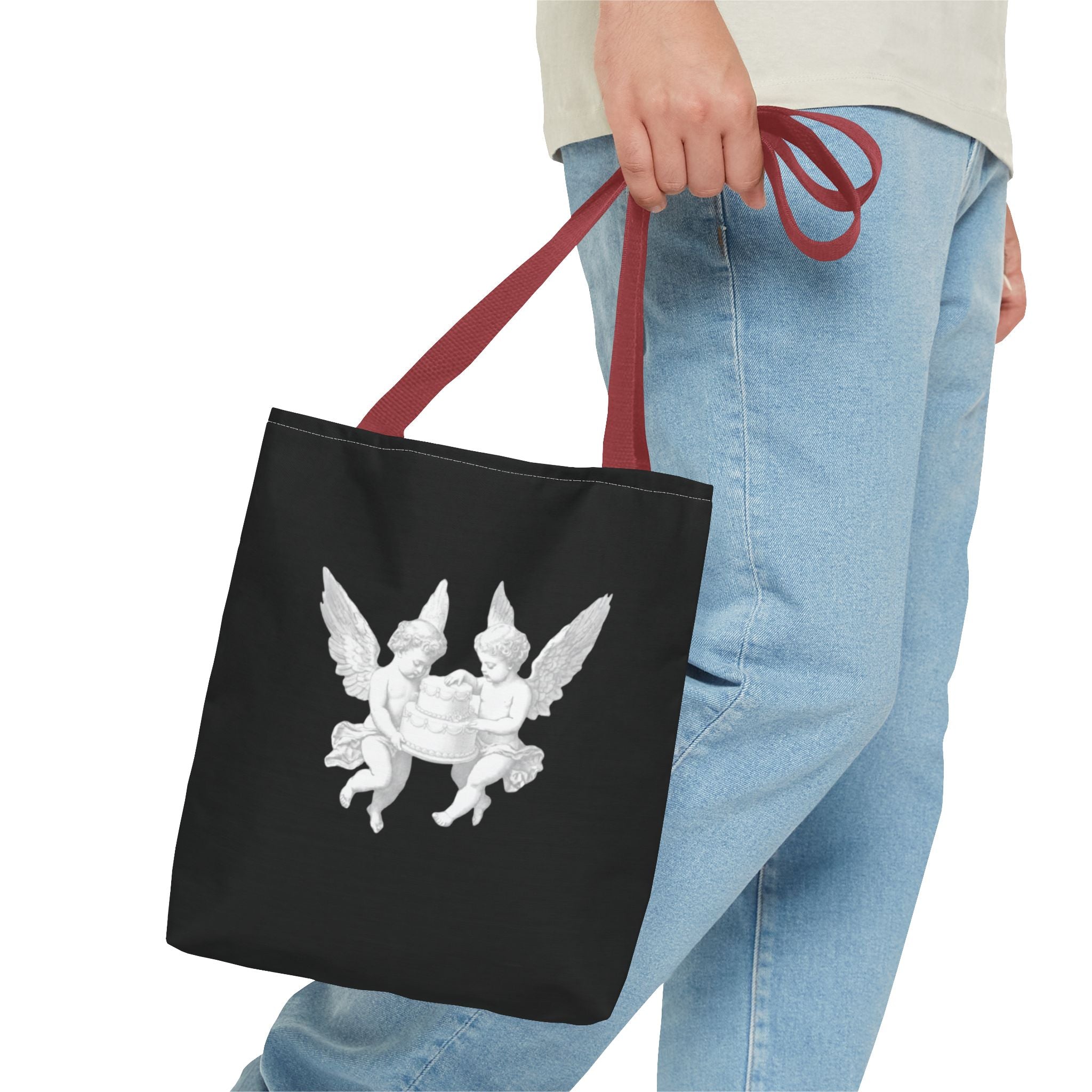Angel Cherub Tote Bag — Vintage White Cherubs on Black All-Over Print Tote