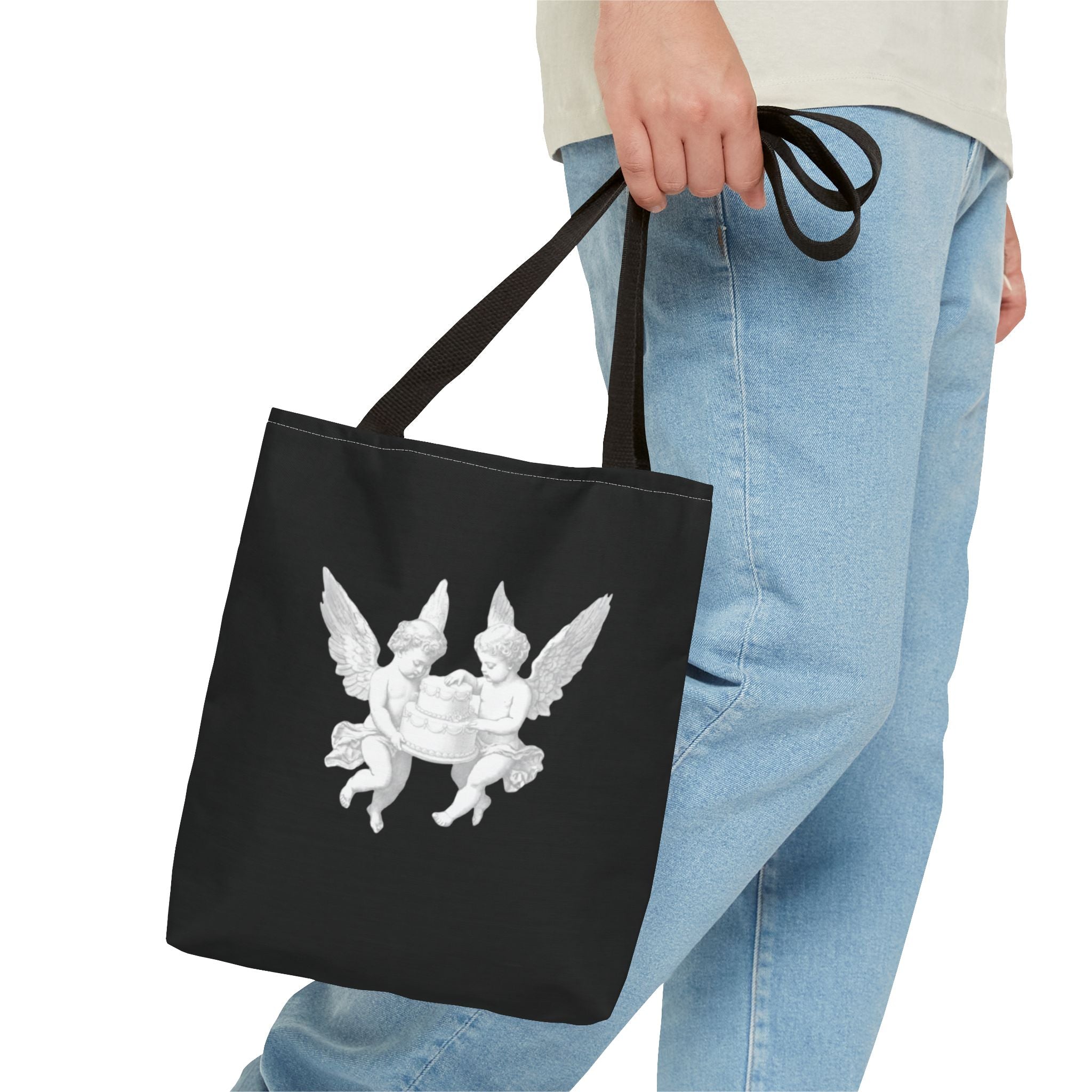 Angel Cherub Tote Bag — Vintage White Cherubs on Black All-Over Print Tote